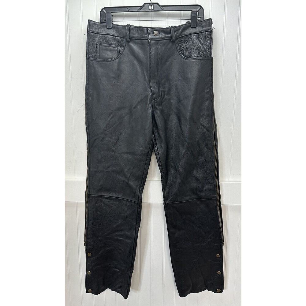 USA Bikers Over Pants Men 36x29 Black Genuine Leather Motorcycle Zipper *Smaller